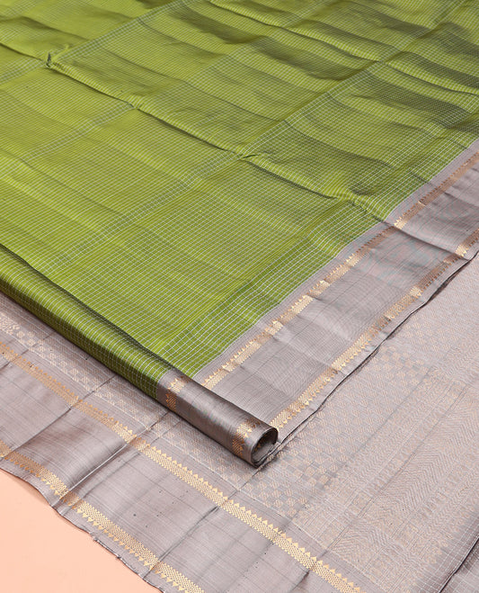 Green Checked Mayuri Lite Silk Mix Saree, a Contrast Rettai Pettu Border of Rekku, and Bentex Designs, Intricate Pallu, and a Contrast Blouse