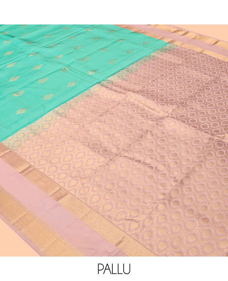 Turquoise Vasundhara Lite Silk Mix Saree, Woven with Zari Buttas, a Contrast Rettai Pettu Traditional Zari Border, Intricate Pallu, and a Contrast Blouse
