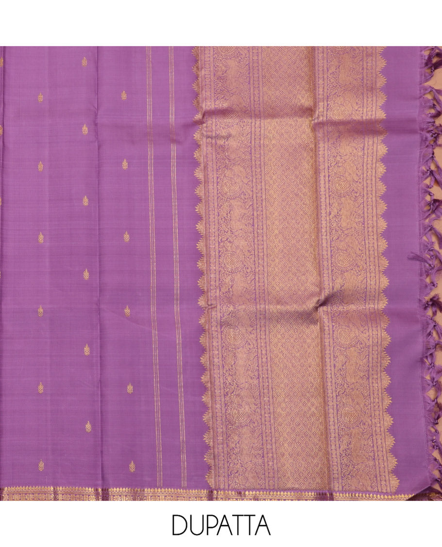 Yellow Pure Silk Half-Saree, Artfully Detailed with Mayil-Chakram Buttas on Its Skirt, Complemented by a Contrast Border of Rekku, Muthu, Diamond, Chakram, and Jaal Designs, Comes with a Contrast Blouse and a Dhavani of Jacquard Design
