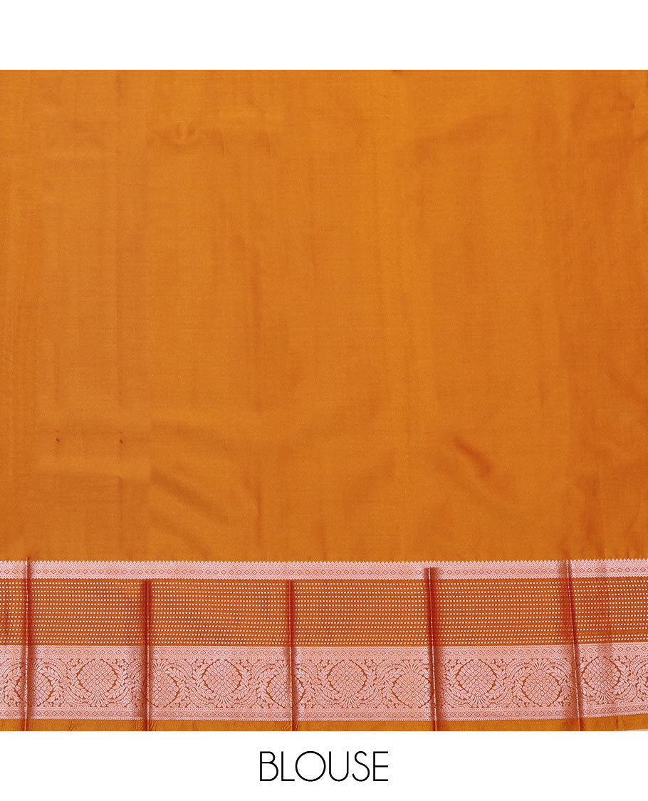 Orange Budget Silk Saree, Boldly Accentuated with Zari Buttas All Over Its Body, Highlighted by a Traditional Zari Design Border, Grand Pallu, and Paired with a Matching Blouse