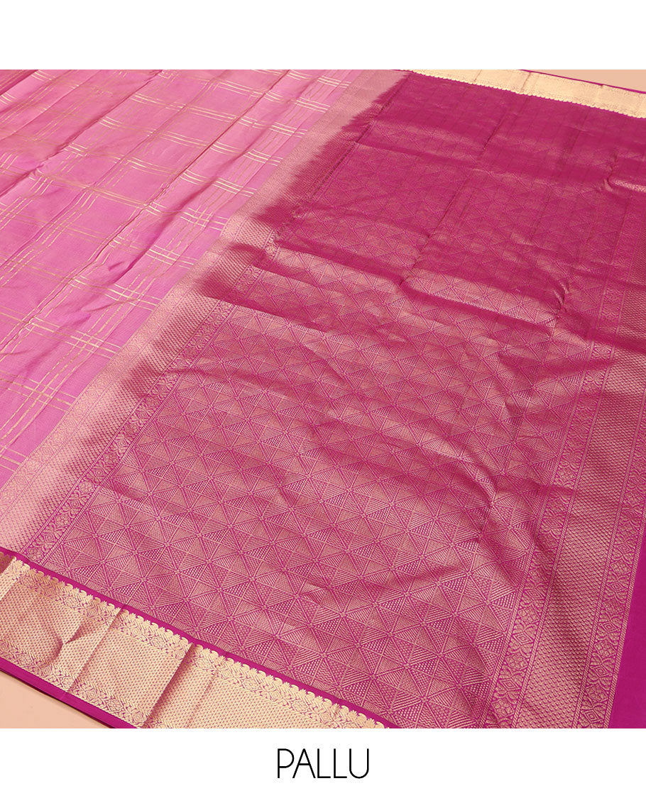 Pink Kanchipuram Silk Saree, Gleamed Up with Zari Checked Design on Its Body, Complemented by a Contrast Border of Manga, Rekku, Cross Kamalam, and Mayil Kann Designs, Grand Jaal Pallu, and Paired with a Contrast Blouse