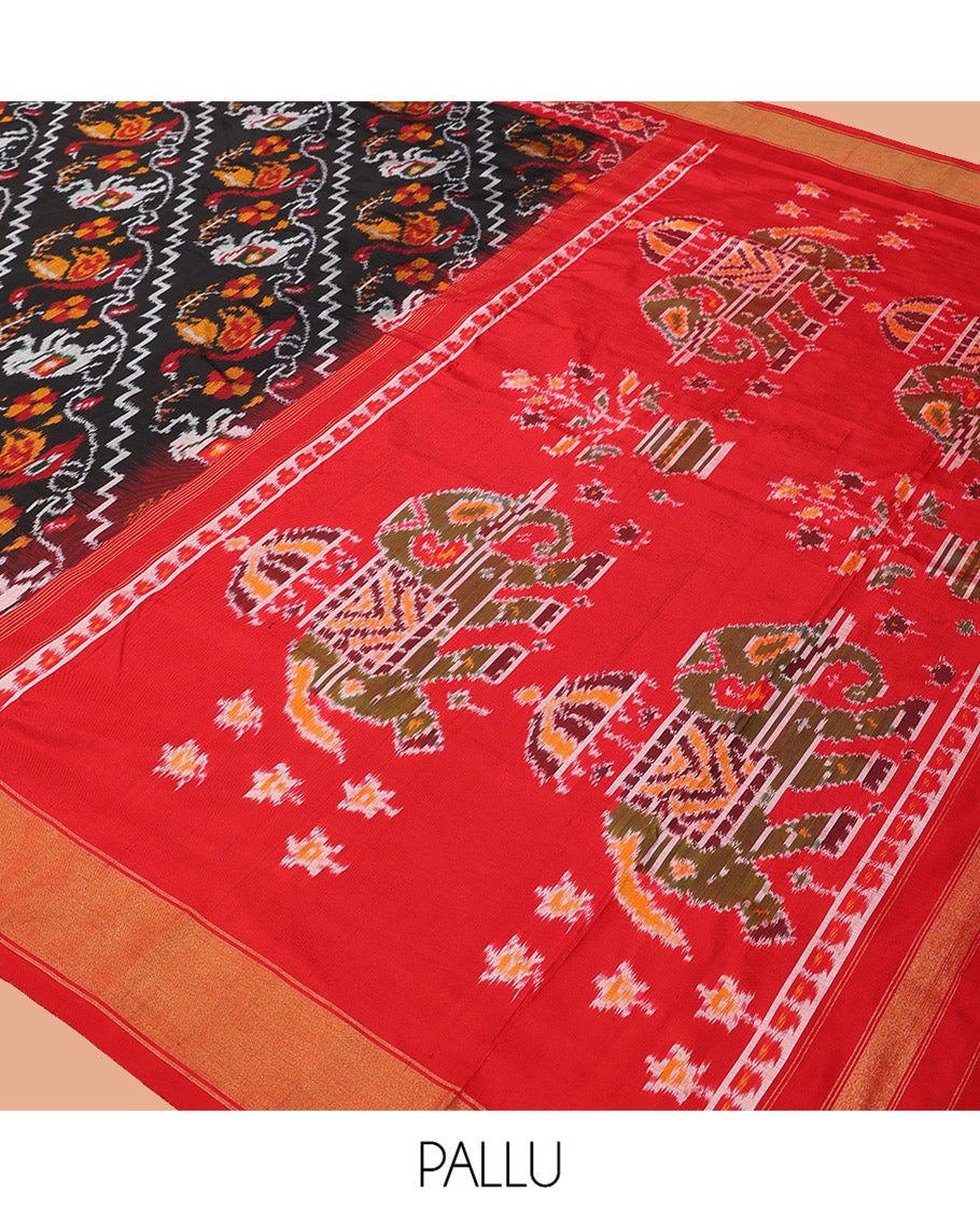 Black Floral-Animal Motif Pochampally Ikat Saree, Contrast Border