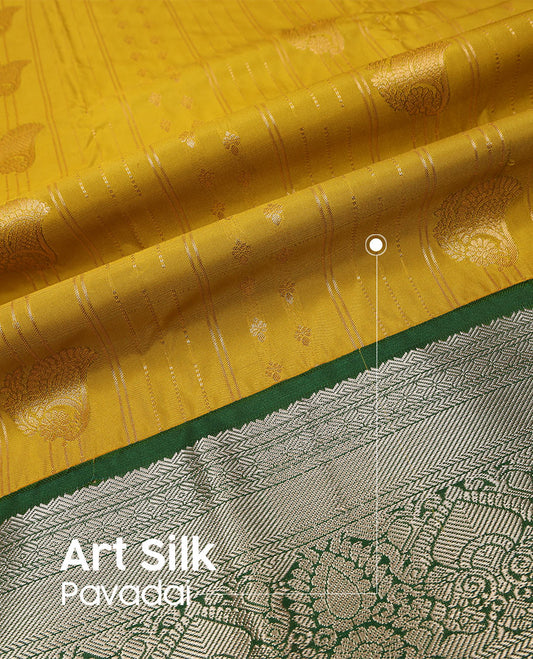 Mustard yellow art silk pavadai material set, zari design pavadai, contrast blouse & traditional zari border
