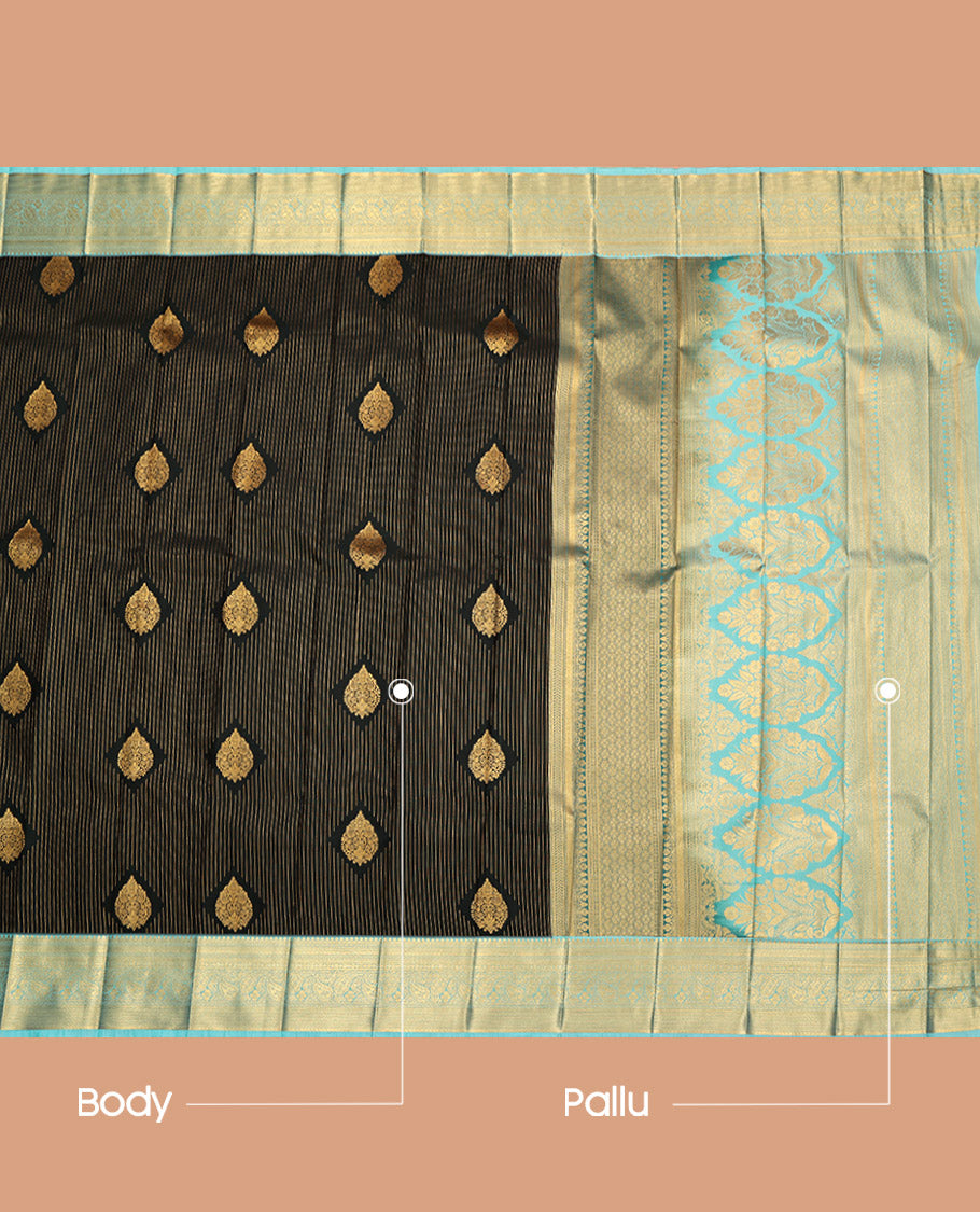 Green Budget Silk Saree, Embellished with Zari Buttas and Stripes, a Contrast Traditional Zari Border, Intricate Pallu, and a Contrast Blouse