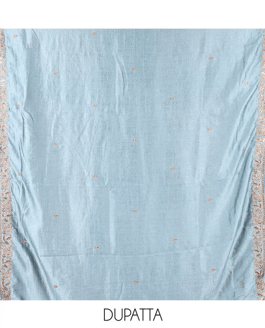 Sea Blue Vichitra Silk Material Chudidar, Embroidered and Cut-work Top, Santoon Bottom, and an Embroidered Dupatta