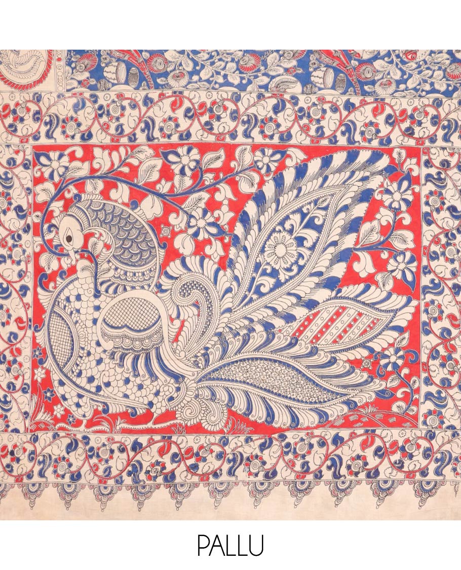 Blue Machine-Printed Kalamkari Cotton Saree, Detailed with Flora-Fauna Motifs, a Round Motifs Printed Border, Peacock Printed Pallu, and a Contrast Blouse
