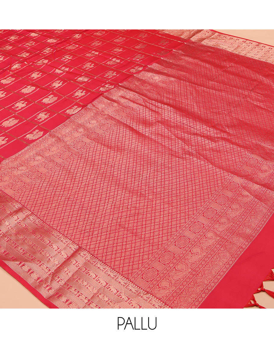 Dark Pink Butta Enclosed Checked Vasundhara Silk Saree, Zari Yaali-Iruthalai Pakshi-Yaanai Border, a Matching Blouse