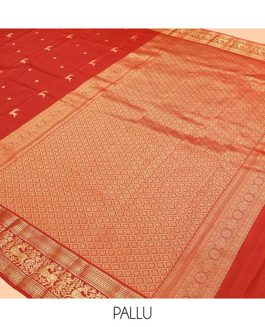 Rust Vasundhara Lite Silk Mix Saree, Gleamed Up with Zari Buttas, a Zari Border of Muthu, Banaras, and Maan Designs, Jaal Pallu, and a Matching Blouse