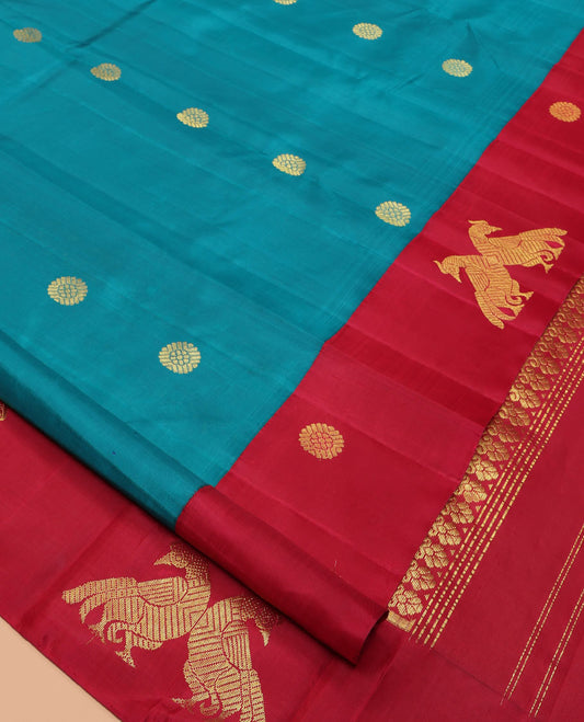 Blue Kanchipuram Silk Saree, Crafted with Chakra Buttas, Complemented by a Contrast One-Sided Korvai Border of Chakram and Kili Designs, Annam Motif Pallu, and a No Blouse