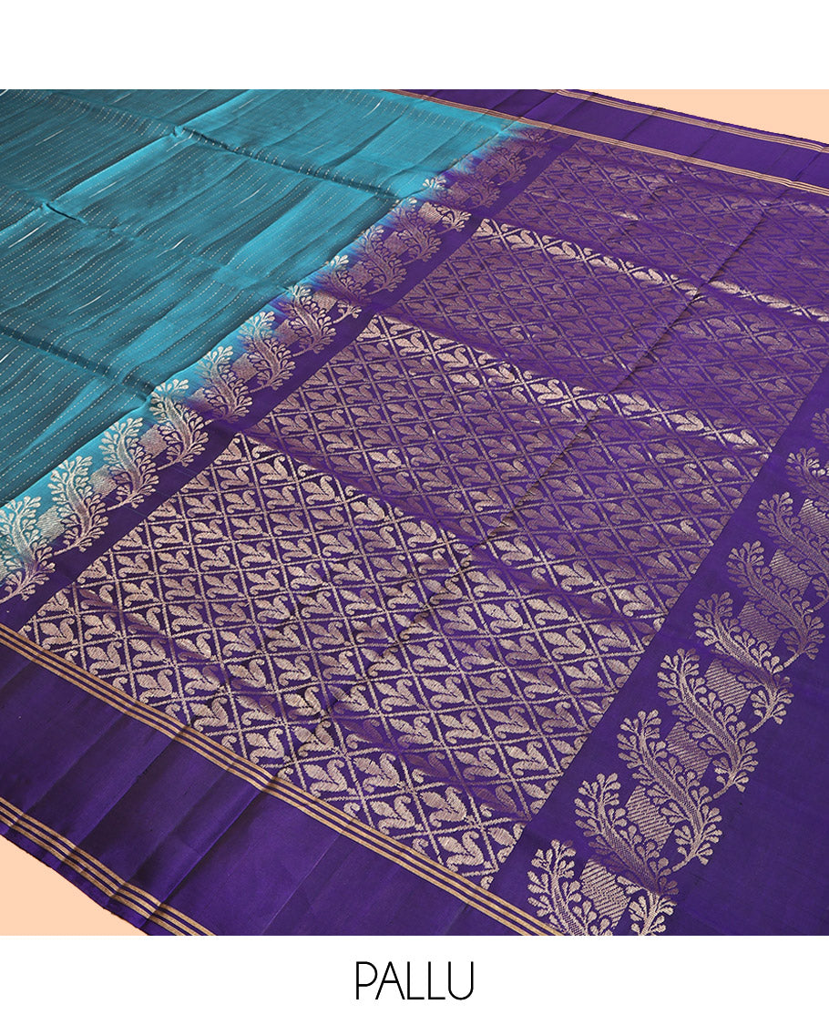 Blue Mayuri Lite Silk Mix Saree, Decorated with Stripes and Malli Mokku Buttas, Complemented by Contrast Border, Grand Jaal Pallu, and a Contrast Blouse
