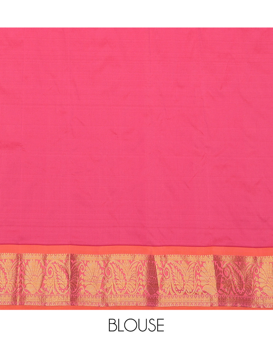 Pink Art Silk Pavadai Material Set, Richly Detailed with Zari Designs on Its Skirt, Complemented by a Contrast Traditional Zari Border, and a Matching Blouse