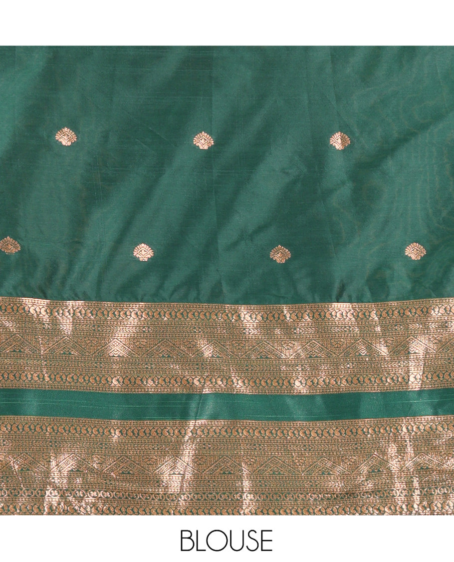 Green Semi-Silk Half-Saree, Adorned with Zari Buttas Woven Skirt, a Rettai Pettu Traditional Border, a Matching Blouse, and Dhavani