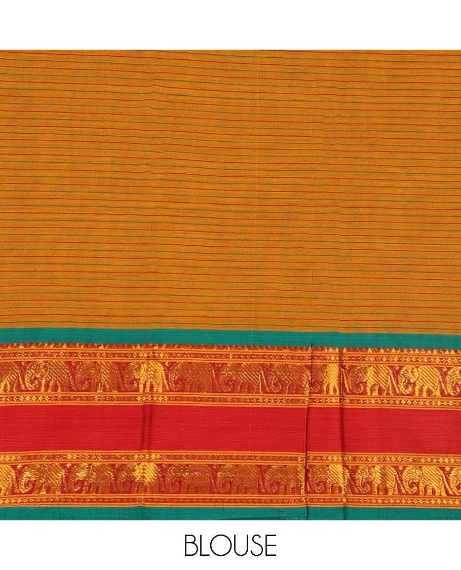 Brown striped cotton saree with contrast intricate zari design, zari design blouse & plain, elephant design border dhavani