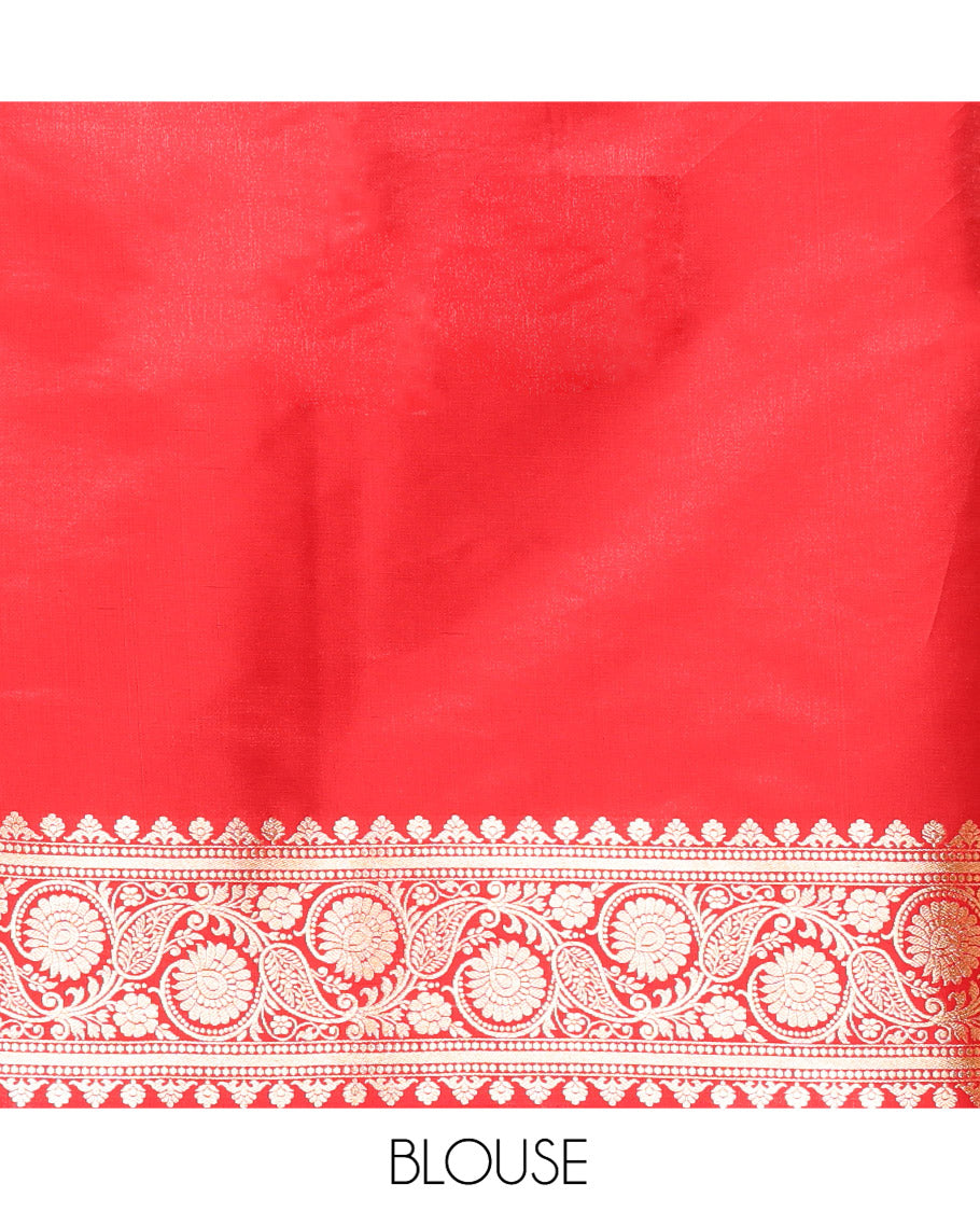 Blue Semi-Banaras Saree, Boldly Accentuated with Buttas on Its Body, Complemented by a Contrast Floral Creeper Design Border, Intricately Designed Pallu, and Paired with a Contrast Blouse