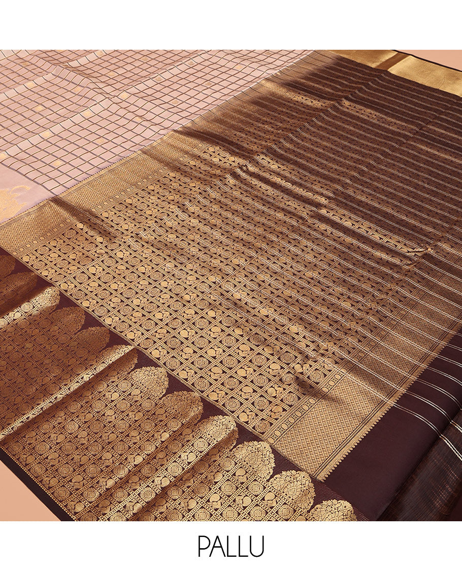 Sandal Vasundhara Lite-Silk Mix Saree Featuring Zari Butta Enclosed Checks, a Contrast Border of Annam-Chakram Enclosed Checks, Annam-Chakram Enclosed Pallu, and a Contrast Blouse
