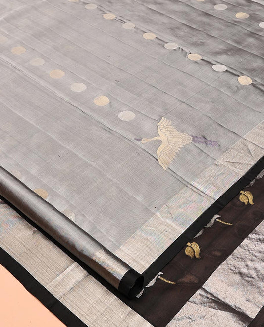 Grey Polka Dot and Crane Buttas Venkatagiri Silk Saree, a Zari Border, Floral Pallu, Contrast Blouse