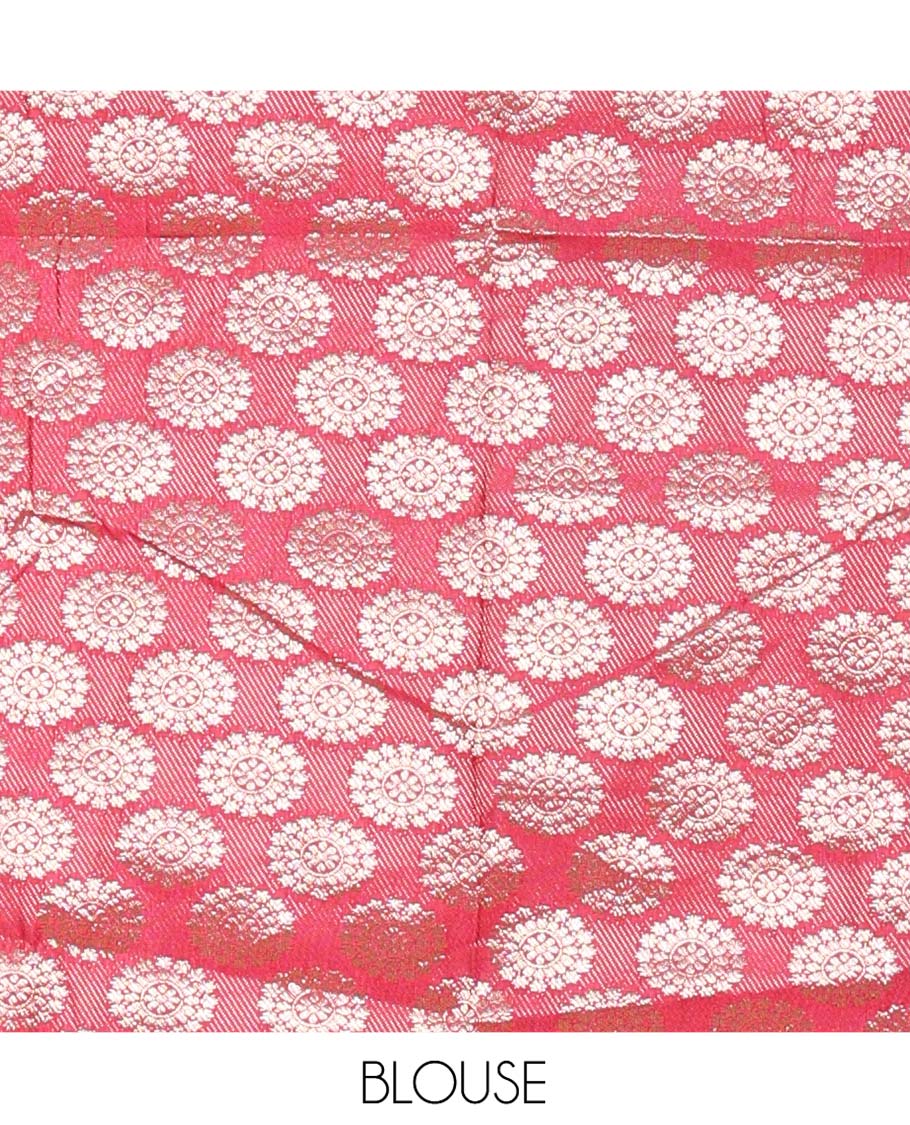 Rama Blue and Rani Pink Banarasi Silk Half-Saree Featuring Micro-Checks and Chakram Buttas Woven Skirt, Complemented by Contrast Traditional Zari Design Border, Paired with a Jacquard Blouse, and a Rangoli Georgette Embroidered Dhavani