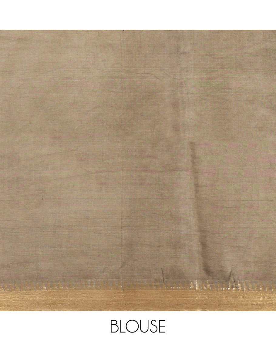 Brown Banana Pith Saree, Ornamented with Zari Buttas, a Zari Temple Border, Striped Pallu, and Matching Blouse