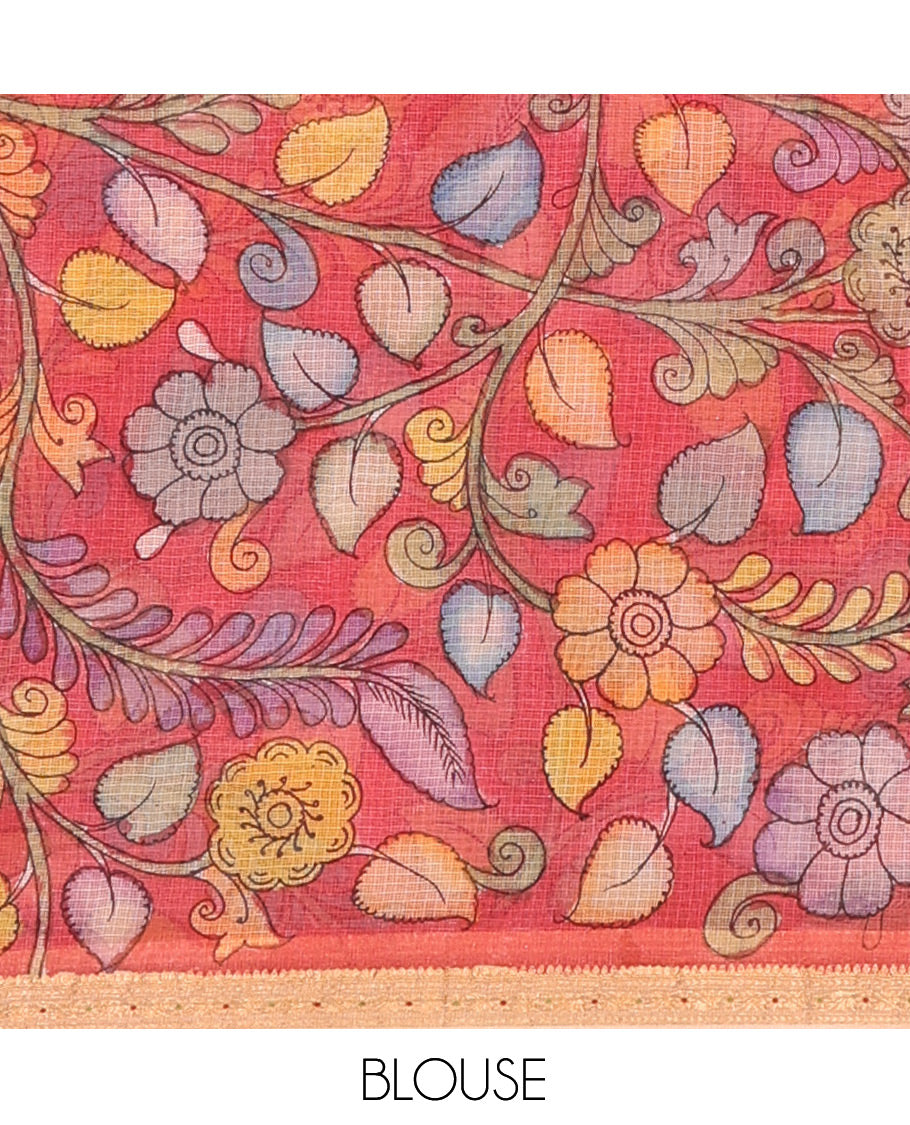 Grey Floral Vine Pen Kalamkari Silk Saree, a Contrast Zari Border, God Motif Pallu, a Contrast Blouse
