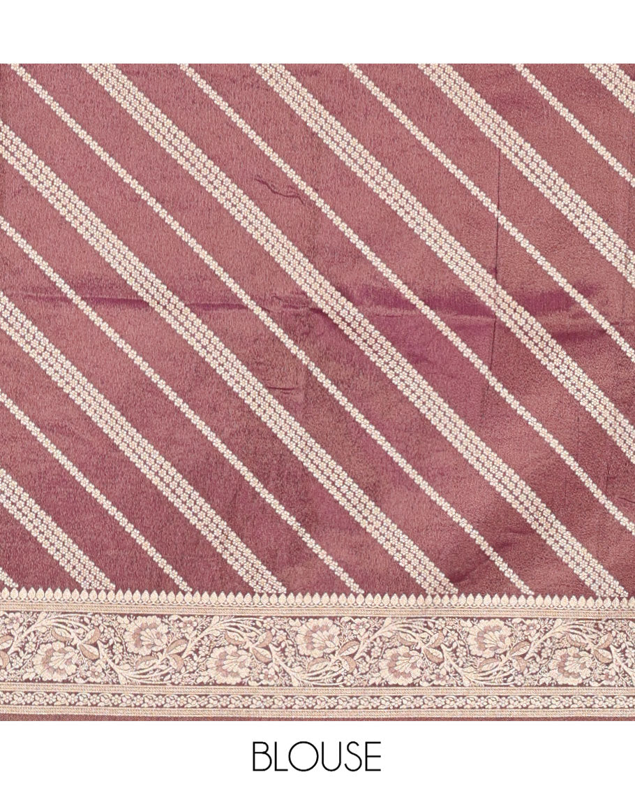 Cream-Purple Semi-Banarasi Half-Saree Features Leheriya Striped Skirt, Contrast Leheriya Striped Blouse, Georgette Striped Dhavani