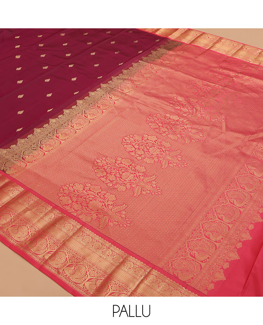 Maroon Vasundhara Lite Silk Mix Saree, Woven with Zari Buttas, a Contrast Border of Mayil Designs, Floral Pallu, and a Contrast Blouse