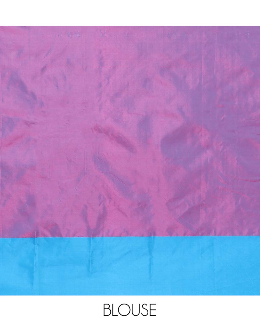 Pink Aarani Silk Saree, Accentuated with Zari Stripes on Its Body, Complemented by a Contrast Zari Striped Border, Pallu of Zari Stripes, and Paired with a Contrast Blouse
