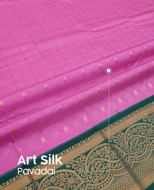 Pink  Art Silk Pavadai Material Set, Prettified with Zari Butta Enclosed Checks All Over the Skirt, Complemented by a Contrast Paisley Zari Border, and Paired with a Contrast Blouse
