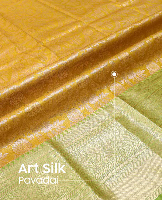Mustard floral jaal art silk pavadai material with contrast traditional zari design border & zari design blouse