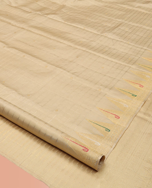 Light Sandal Kanchipuram Designer Silk Saree, Masterfully Woven with Zari Checks, Highlighted by Temple Zari Muniya Border, Zari Woven Pallu, and a Matching Blouse