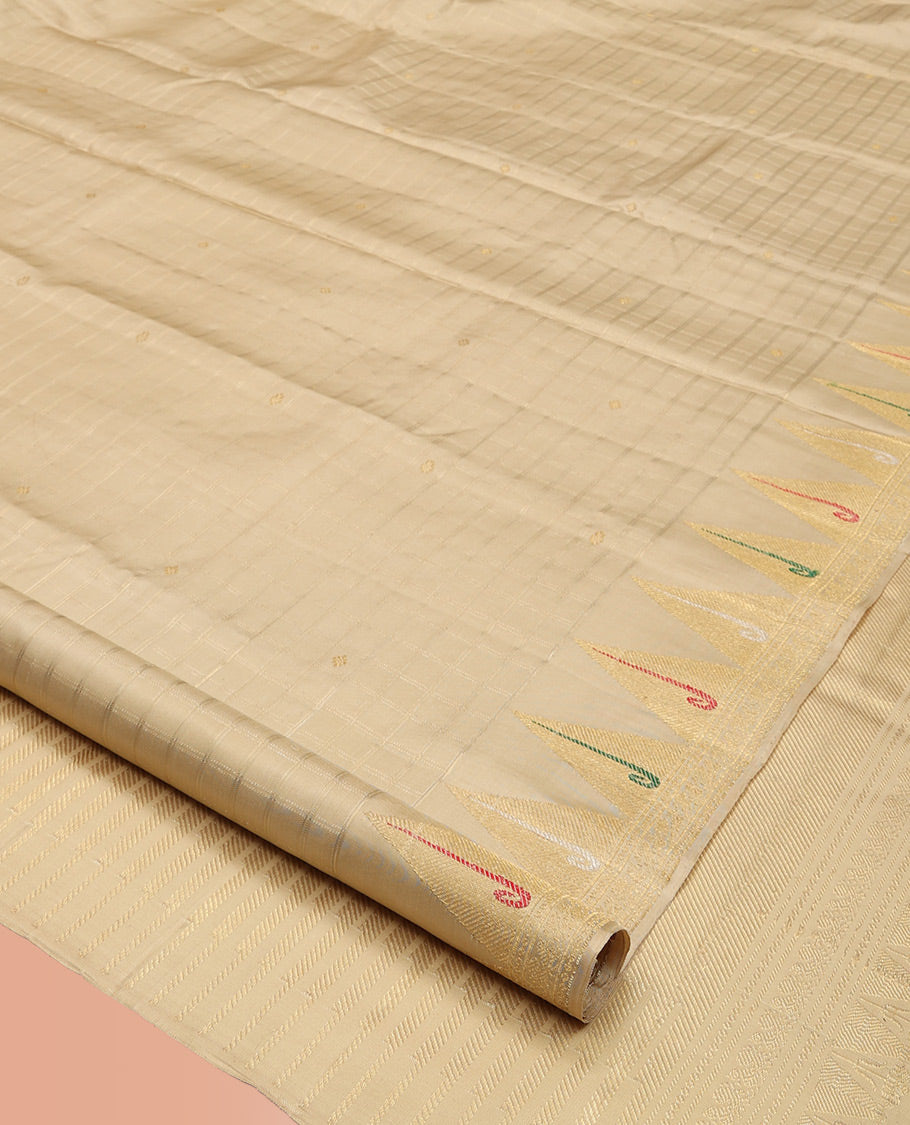 Light Sandal Kanchipuram Designer Silk Saree, Masterfully Woven with Zari Checks, Highlighted by Temple Zari Muniya Border, Zari Woven Pallu, and a Matching Blouse