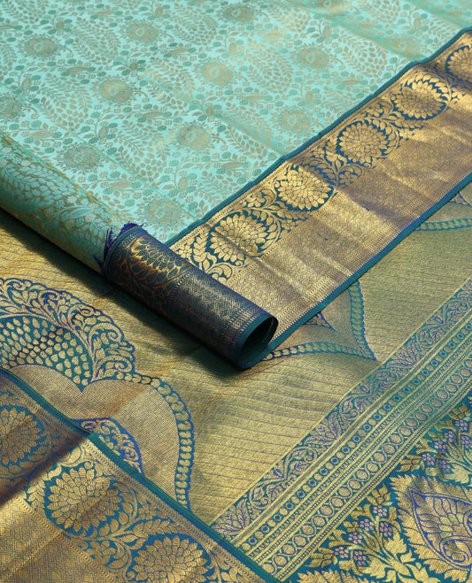 Sea blue floral jaal design kancheepuram silk saree with self border of muthu, kodi visiry design & zari design pallu