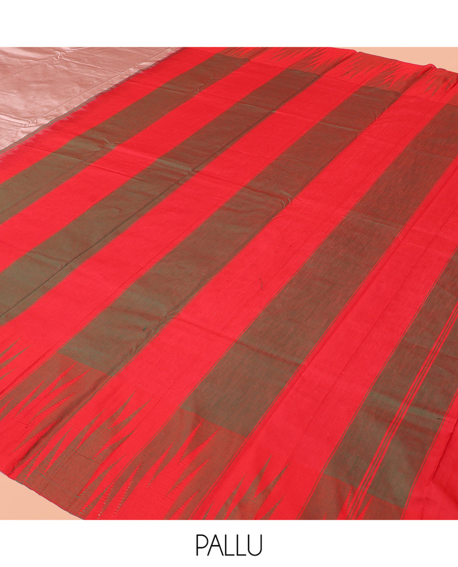 Pale Pink Plain Bangalore Silk Saree, Complemented by a Contrast Temple Border, Striped Pallu, and Contrast Blouse