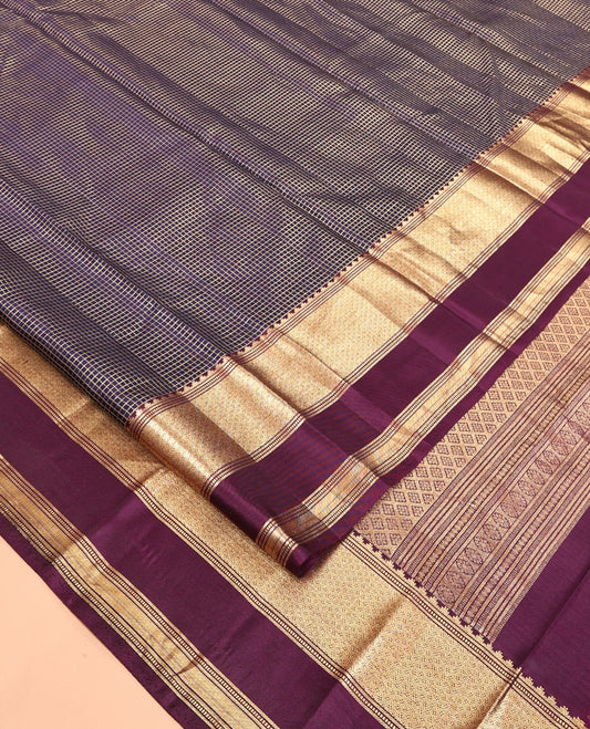 Blue Vasundhara Silk Saree, Highlighted by Zari Checks, Contrast Rettai Pettu Thazampoo Rekku Border, Grand Jaal Pallu, and a Contrast Blouse