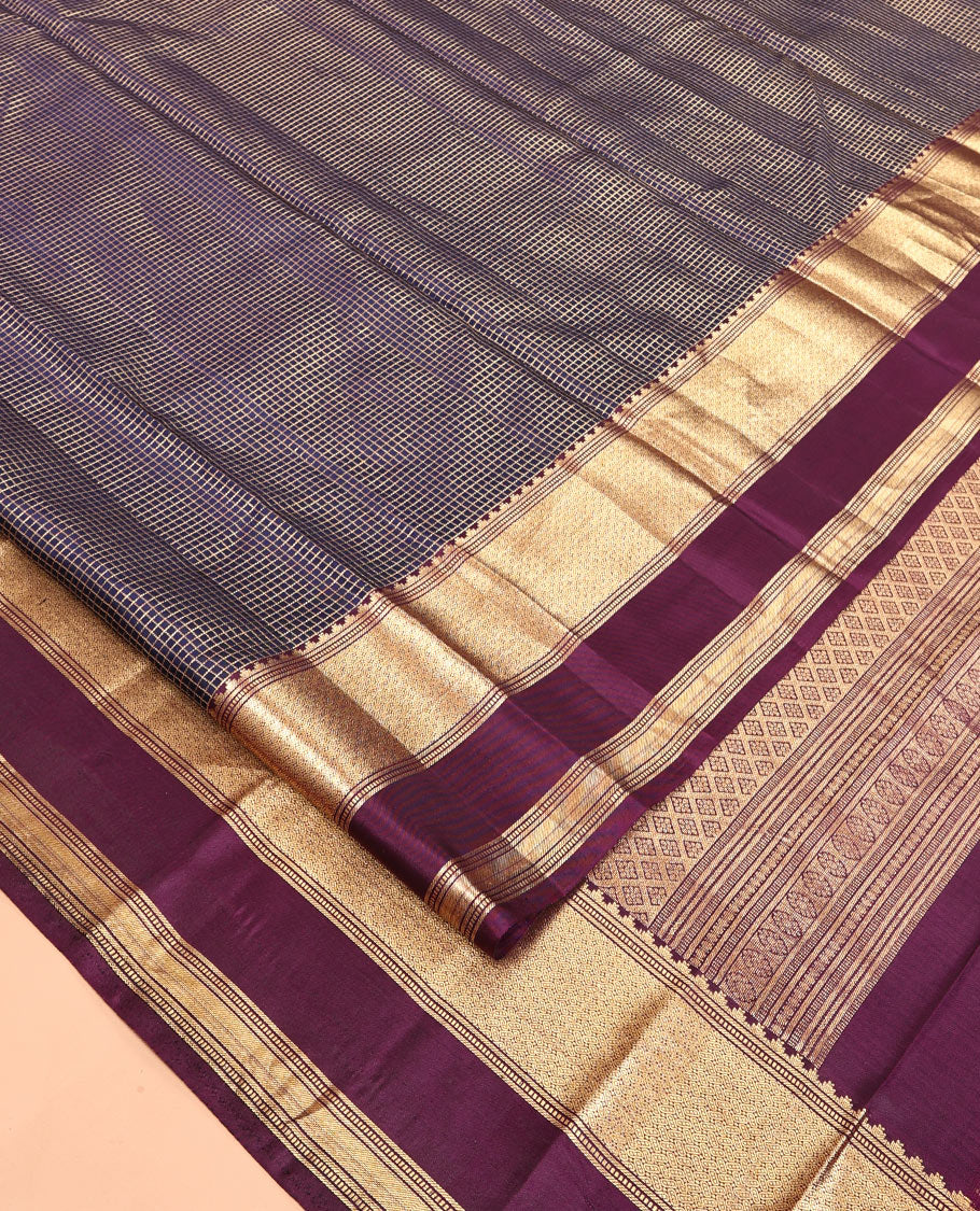 Blue Vasundhara Silk Saree, Highlighted by Zari Checks, Contrast Rettai Pettu Thazampoo Rekku Border, Grand Jaal Pallu, and a Contrast Blouse