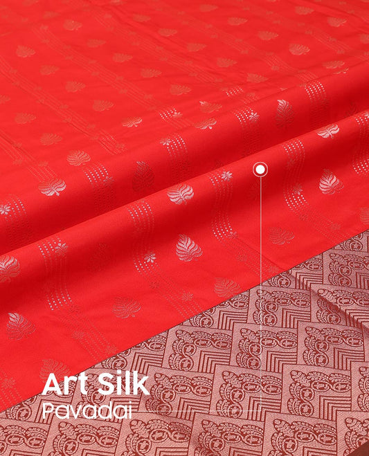 Red Art Silk Pavadai Material Set, Featuring Leaf Zari Buttas  All Over the Skirt, Complemented by a Contrast Jaal Patterned Zari Design Border, and Paired with a Contrast Blouse