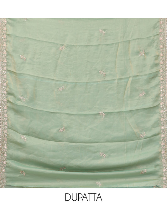 Pista Green Fendy Organza Material Chudidar Set, Adorned with Neck Embroidered Top, a Santoon Bottom, and a Embroidered Dupatta