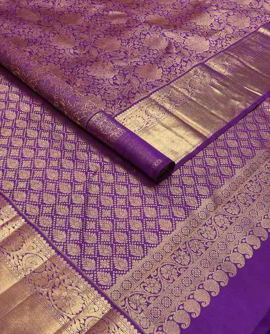 Violet floral design silk saree with self border of thilakam mokku, muthu, kodi visiry, banaras design & floral pallu