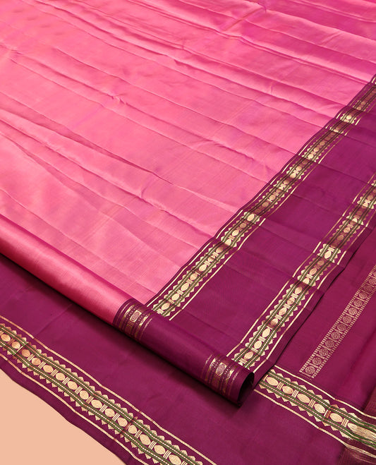 Pink Plain Kanchipuram Silk Saree, Complemented by a Contrast Rettai Pettu Border of Rekku, Muthu, and Poun Designs, Seppu Rekku Pallu, and a Contrast Blouse