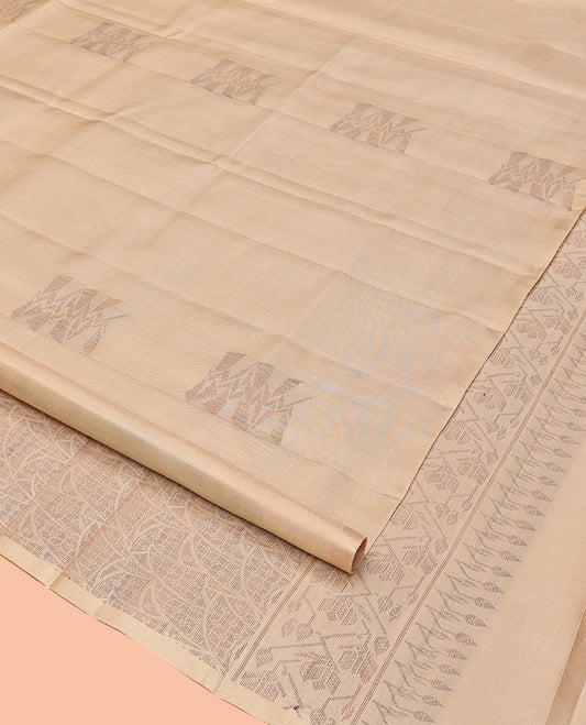 Borderless Cream Mayuri Soft Silk Saree, Subtly Sparkled With Buttas All Over Its Body, Highlighted by Pallu of Intricate Design Weave, and Paired with a Matching Blouse
