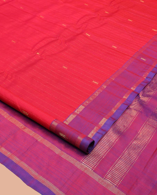 Red Kanchipuram Silk Saree, Embellished with Zari Buttas and Stripes, Contrast Zari Design Border, Zari Design Pallu, and a Contrast Blouse