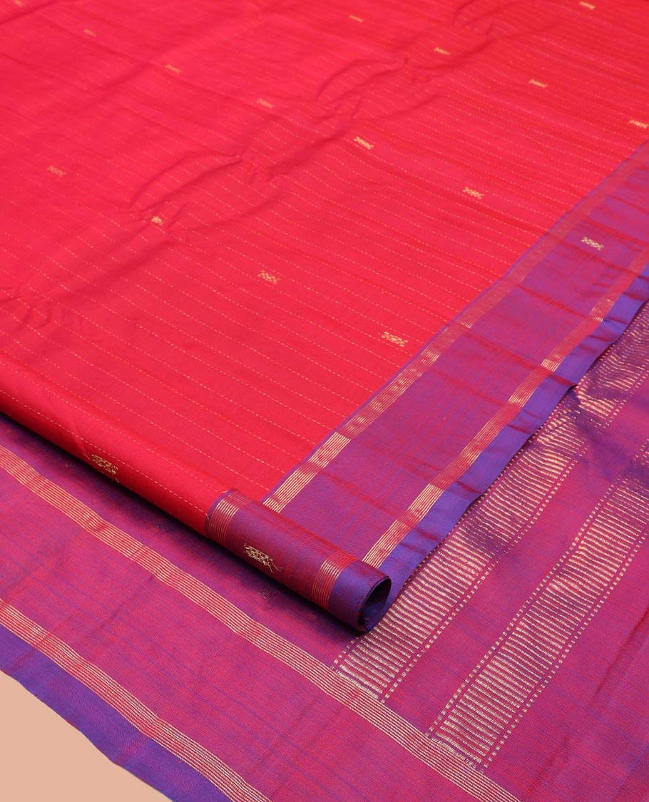 Red Kanchipuram Silk Saree, Embellished with Zari Buttas and Stripes, Contrast Zari Design Border, Zari Design Pallu, and a Contrast Blouse