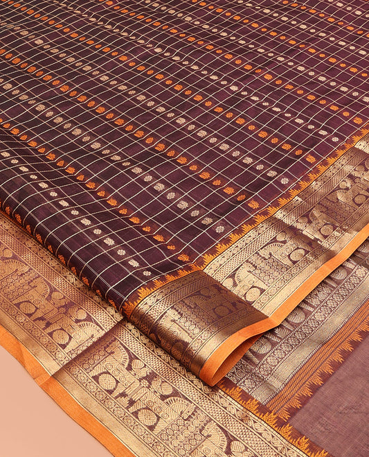 Brown Butta-Checked Kuppadam Silk Saree, a Semi-Contrast Traditional Border, Grand Pallu, a Matching Blouse