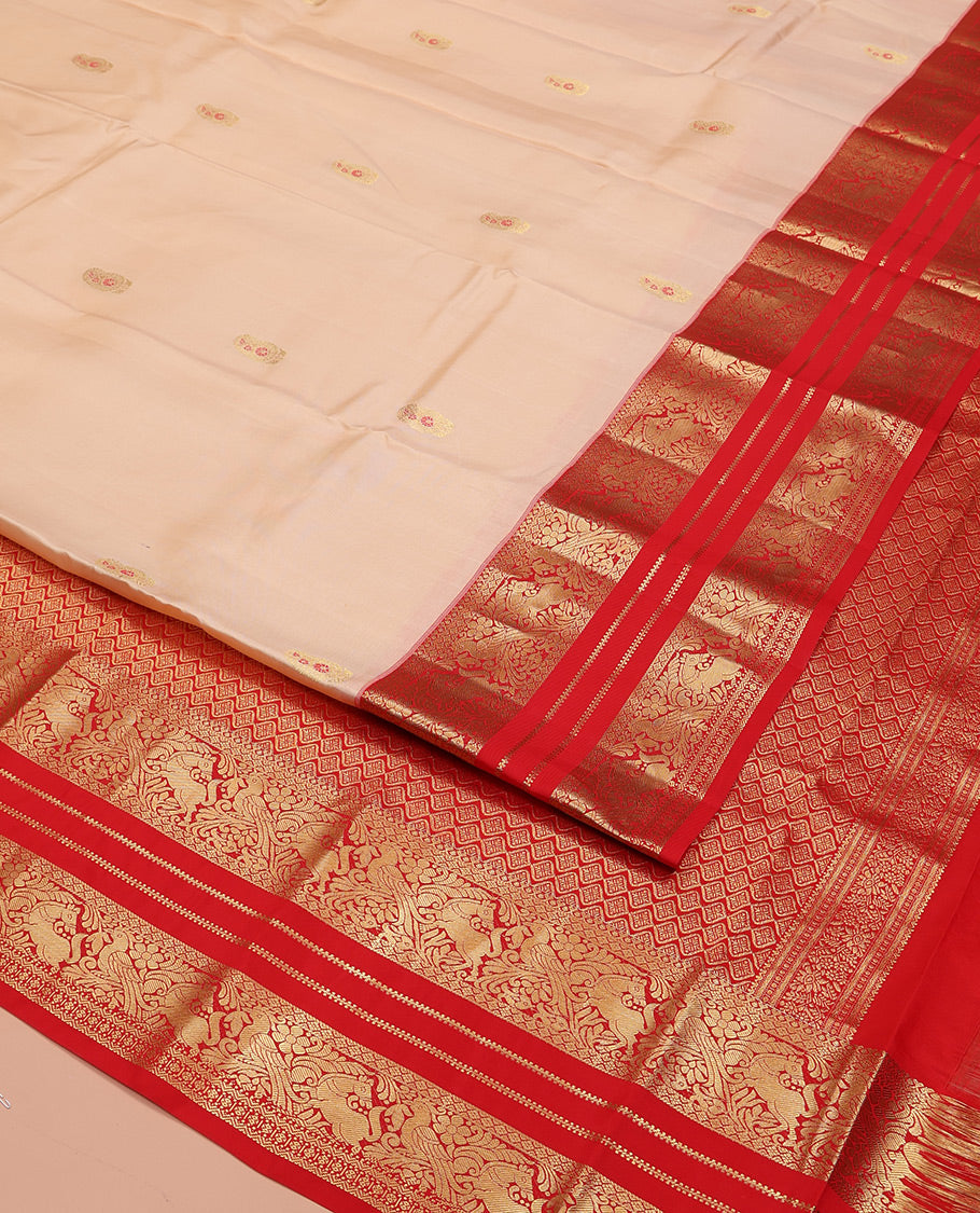 Sandal Vasundhara Silk Saree, Graced with Zari Meena Buttas All Over Its Body, Complemented by a Contrast Border of Diamond, Mayil, and Kuthirai Designs, Grand Jaal Pallu, and Paired with a Contrast Blouse