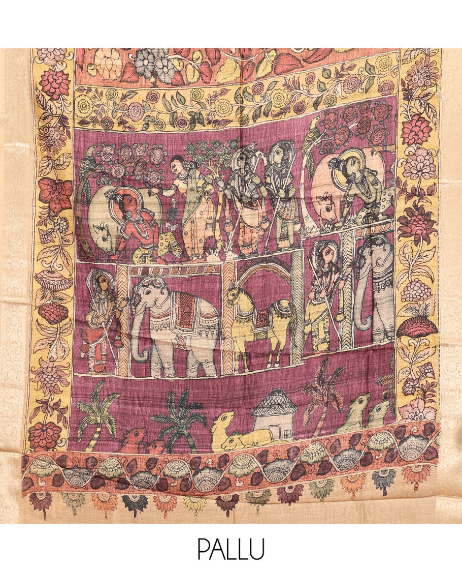 Brown Kalamkari Saree, Embellished with Floral Print, Complemented by Contrast Zari Border, Pallu of Human Figurines Print, and a Contrast Blouse