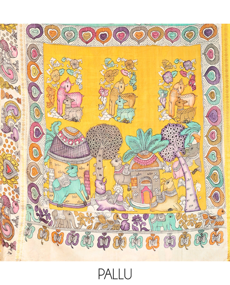 Turquoise Kalamkari Silk Saree, Enthralled with Human Figurines, a Contrast Peacock Border, Kalamkari Pallu, and a Contrast Blouse
