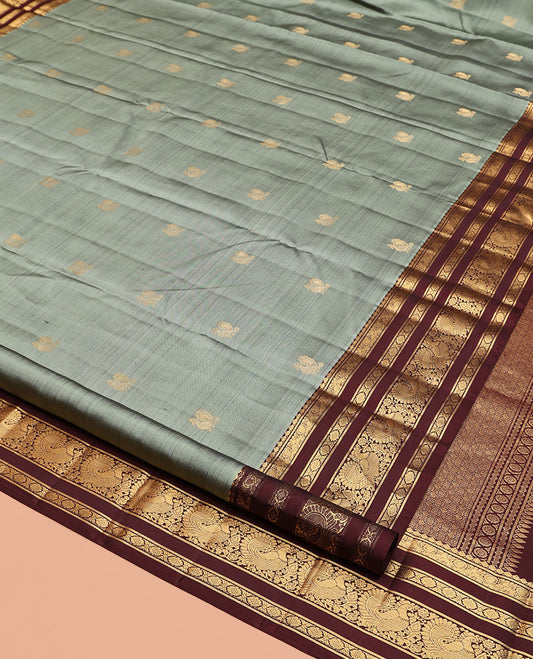 Grey Vasundhara Silk Saree, Woven with Mayil Buttas, Contrast Border of Mayil, and Kamalam Designs, Grand Pallu, and Contrast Blouse