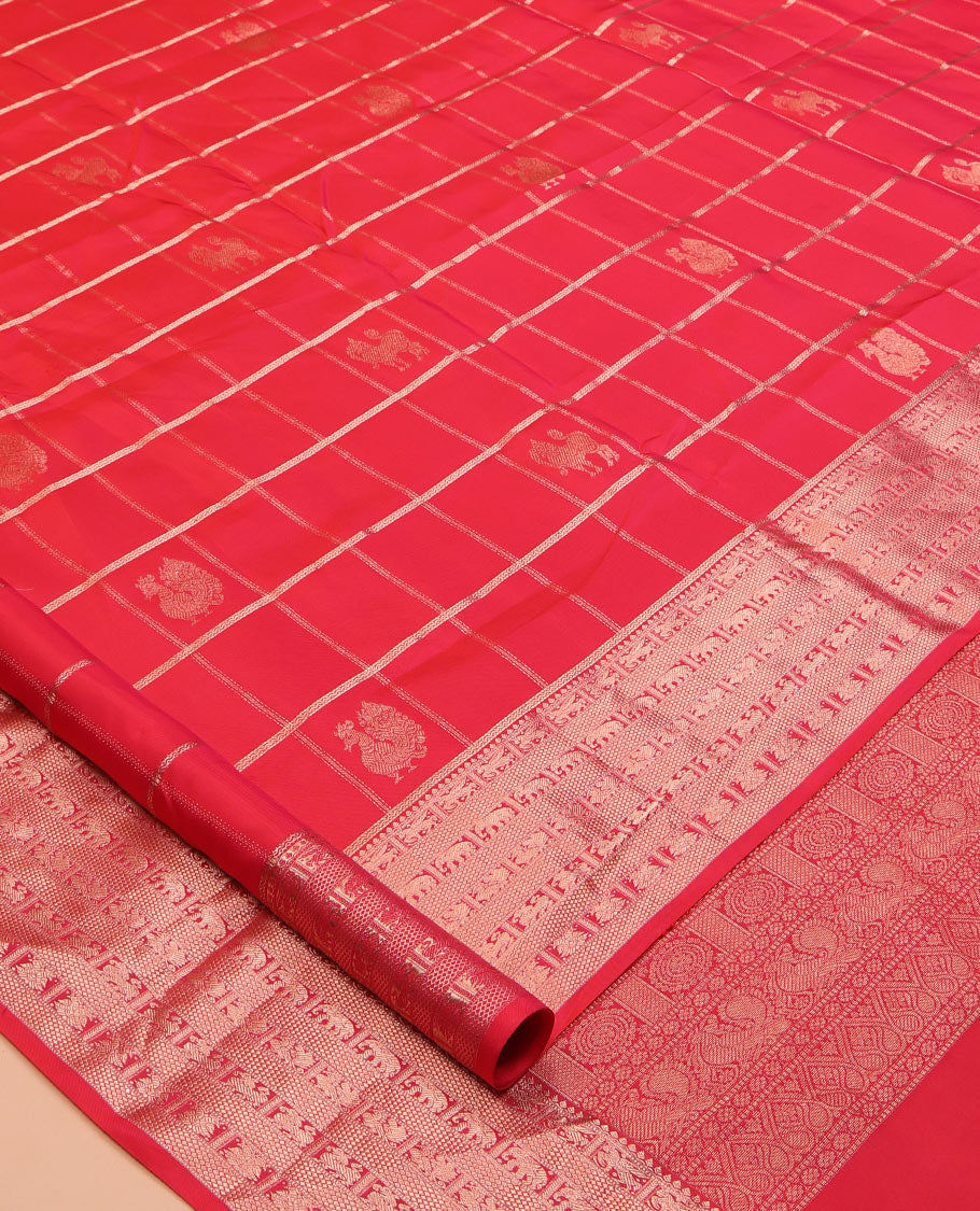 Dark Pink Butta Enclosed Checked Vasundhara Silk Saree, Zari Yaali-Iruthalai Pakshi-Yaanai Border, a Matching Blouse