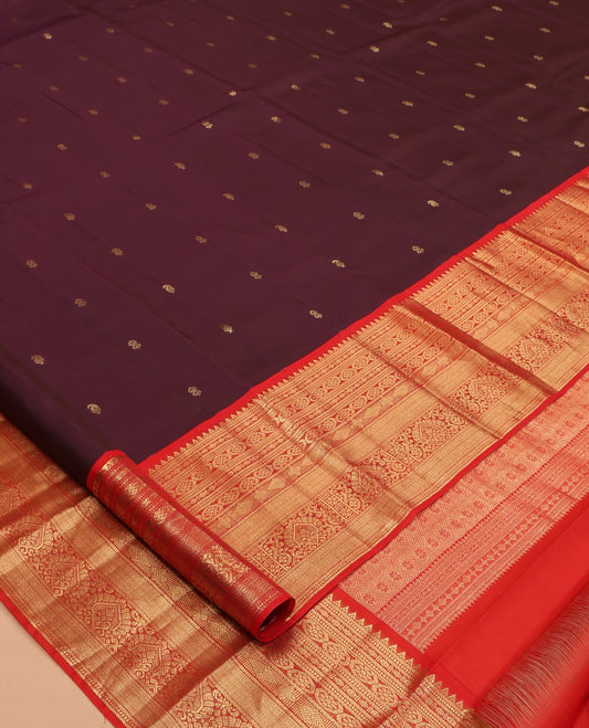 Brown Zari Buttas Vasundhara Lite Silk Mix Saree, a Contrast Rekku-Kodi Visiry-Mayil Kann Border, a Contrast Border