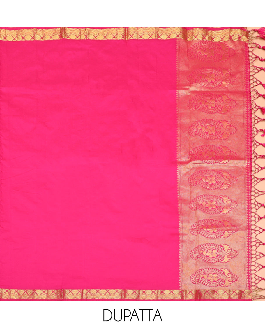 Violet Art Silk Half-Saree, Woven with Tropical Floral Jacquard Design, Contrast Traditional Zari Border, Paired with a Contrast Jacquard Blouse, and an Intricate Dhavani