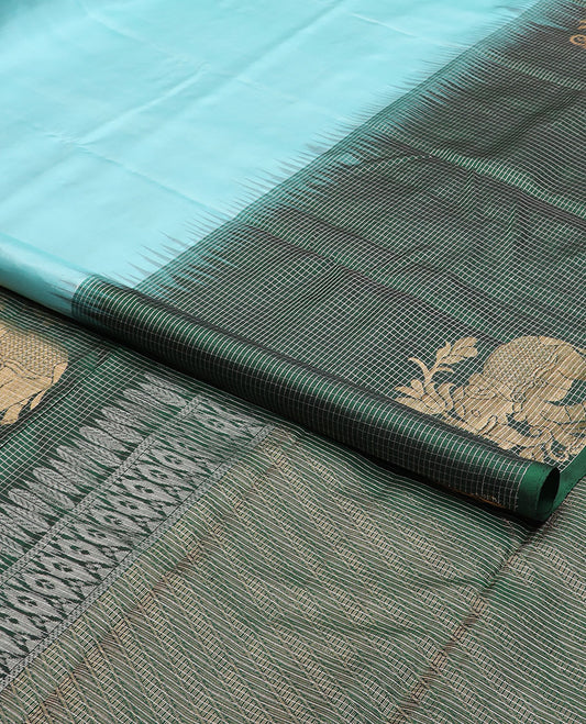 Light blue mayuri soft silk saree with contrast checked, elephant design border & intricate zari design pallu